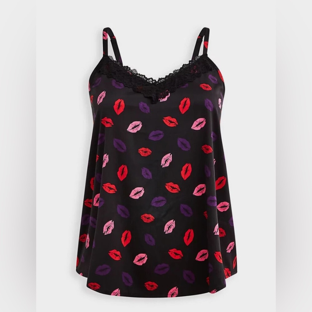Torrid Lace Trim V Neck Sleep Cami Dream Satin Lips Black 3X